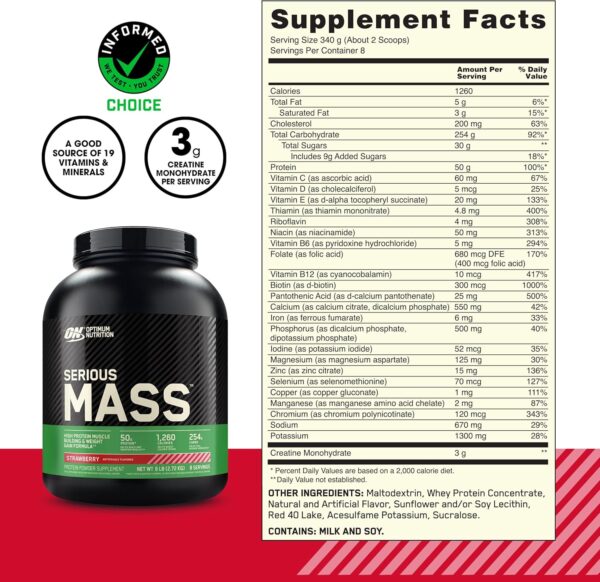 Optimum Nutrition Serious Mass, Weight Gainer Protein Powder, Mass Gainer, Vitamin C and Zinc for Immune Support, Creatine,